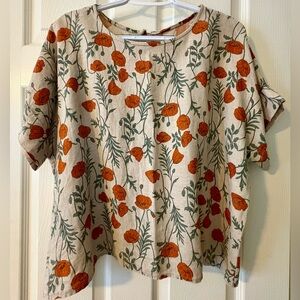 Handmade Hokka Fabrics Japanese Linen Orange Poppy Floral Short Sleeve Boxy Top
